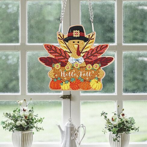 DIY Diamond Painting Hello Fall Hanging Sign – Maple Leaf Door Hanger with Pumpkins, Fall Leaves, Autumn Thanksgiving Wall Window Decor Craft Kit for Porch Farmhouse in Kuwait