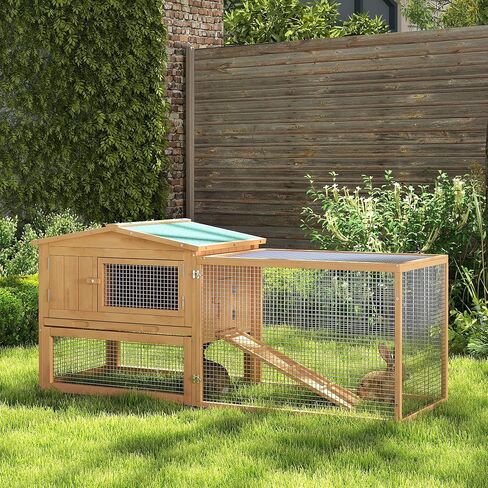 PawHut Rabbit Hutch 2-Story Bunny Cage, Guinea Pig Cage, Small Animal House with Slide Out Tray, for Indoor Outdoor, 61.5" x 23" x 27", Light Blue in Saudi Arabia