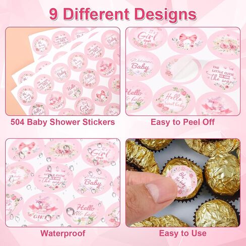 504pcs Girl Baby Shower Stickers for Favors, Pink Sweet It's A Girl Baby Stickers Round Baby Girl Labels for Chocolate Candy Gift Wrapping Scrapbooking Envelope Birthday Party (Floral) in Saudi Arabia