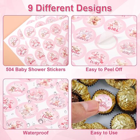 504pcs Girl Baby Shower Stickers for Favors, Pink Sweet It's A Girl Baby Stickers Round Baby Girl Labels for Chocolate Candy Gift Wrapping Scrapbooking Envelope Birthday Party (Floral) in Saudi Arabia