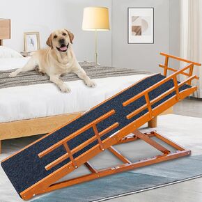 Dog Ramp for Bed - 65" Length, Supports up to 32" Height,Includes Non-Slip Replaceable Carpet, Safety Rails &Landing Platform,Adjustable & Foldable Pet Ramp for Large/Senior Dogs to Get on Bed -Walnut