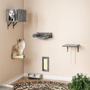 NUNU LAB 5-in-1 Cat Wall Shelves, Wall Mounted Cat Furniture Set, Cats Wall Furniture, Wall Cats Climbing, Cat Wall Bed, with Hammock, Shelves, House, Steps, Scratcher (B-KM061)