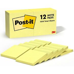 Post-it Notes, 3-inch x 3-inch, Canary Collection, 100 Sheet/Pad, 12 Pads/Pack (654-12YW)