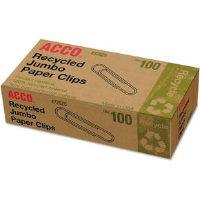 ACCO Recycled Paper Clips, Smooth Finish, Jumbo Size, 100 per Box, 10 Boxes per Pack (72525)
