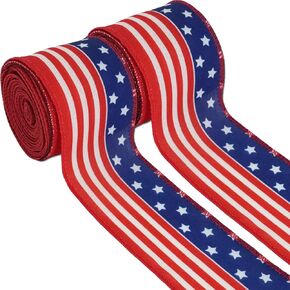 Vintage American Flag Ribbon 2.5" x 10 Yards (2 Rolls) - Rustic Burlap Patriotic Ribbon - Red White Blue Stars and Stripes for Wreaths, Crafts, Farmhouse Decor