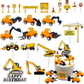23pcs Constructions Cake Toppers Vehicles Cake Decoration Excavator Crane Truck Cupcake Topper Traffic Road Sign Cupcake Construction Cake Decorations Happy Birthday Sign for Party Supplies