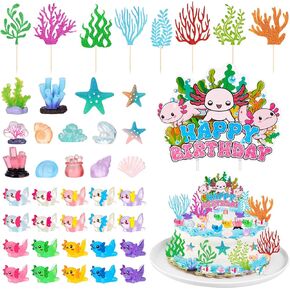 43 Pcs Axolotl Cake Topper Accessories Include 1 Happy Birthday Cake Topper 8 Artificial Seagrass 34 Axolotl Miniature Figures Ocean Decorations for Baby Shower Birthday Party Supplies