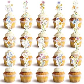 Wildflower Baby in Bloom Baby Shower Decorations - 36Pcs Wildflower Cupcake Toppers Birthday Party Decorations, Floral Flower Cupcake Toppers Cake Decorations Baby Shower Decor