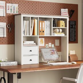 Treocho Desktop Hutch Bookshelf with Cork Board for Photos and Reminders, White Desk Organizer with Drawers and Shelves, Study Desk Hutch for College Dorm, Student Bedroom, Compact Study Spaces