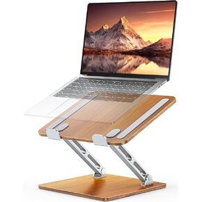 Ergonomic Laptop Stand for Desk, Aluminum & Wood Computer Stand with Adjustable Angle, Foldable Dual-Bar Laptop Riser Holder Mount, Compatible with MacBook, Dell, HP 10-16" (Royal Teak Grain)