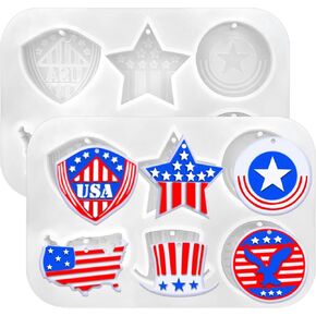 [2-Pack] 4th of July Silicone Resin Molds – 12-Cavity USA Epoxy Mold Set for Keychains, Pendants, Jewelry Includes Bald Eagle, Uncle Sam Hat, Patriotic Shield Perfect for Independence Day Crafts