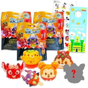 Disney Surprise Munchlings Mystery Figure Set - Bundle with 3 Super Sizzlin' Blind Bag Toys, Stickers, and More
