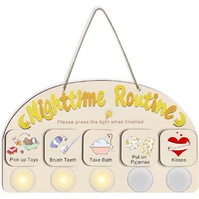 Bedtime Routine Chart for Toddlers, Visual Schedule Night to Do Chart with 5 Tap Lights and 8 Activity Cards, Wooden Schedule Board for Kids, Preschoolers
