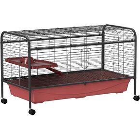 PawHut 48" L Small Animal Cage, Rabbit Hutch, or Ferret Pet Play House with Feeder, Rolling Wheels, Platform, Ramp
