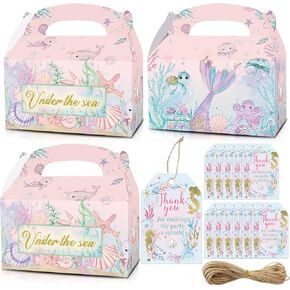 KARAQY Pink Under The Sea Party Favor Boxes, 12 Pcs Pink Ocean Animal Mermaid Fish Seashell Seahorse Sea Turtle Goodie Gift Treat Boxes with Thank You Tags for Ocean Theme Birthday Baby Shower Party Supplies