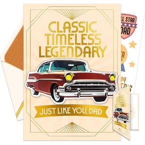 Decorably Gold-Foiled 5x7in Individual Happy Fathers Day Card for Dad with Red-Foiled Vintage Car Cutout, Father's Day Card Car Set with Envelope and Stickers, with Printed Message Inside