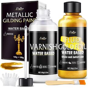 Metallic Gold Paint - 3.5oz Water Based Gold Leaf Paint and 3.5oz Varnish, Ultra Shining Gilding Metallic Acrylic for Painting, Art Craft, Home Decor, Ideal for Canvas, Wood, Metal, Plaster, Stone