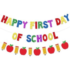 Pre-Strung Happy First Day of School Decorations Banner Back to School Pencil Apple Garland for Classroom Teacher Office School Photo Backdrop Party Favors Colorful Glitter NO DIY