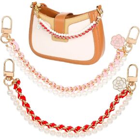 2pcs Pearl Purse Chain,26cm/10.23In Bag Chains for Handbags,Metal Pearl Purse Strap Extenders for Handbags Crossbody Bag,Purse Strap Replacement Accessories Bag Charms Phone Case,Red and Pink