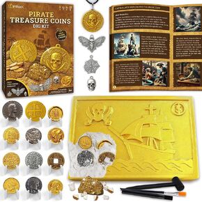 Pirate Treasures Dig Kit – Excavate 16 Ancient Metal Coins (Gold/Silver/Bronze), Fool’s Gold & Pirate Charms – STEM Toy & Necklace Making Kit for Kids Ages 6-12, Great for Pirate Party Favors