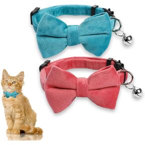 2 Pcs Velvet Cat Bow Tie Collars Breakaway with Cute Bow Bell Adjustable Bowtie Cat Collar Solid Color Set Removable Bowtie Safety Buckle for Cats Kitten Puppy Pet Accessories (Pink, Blue)