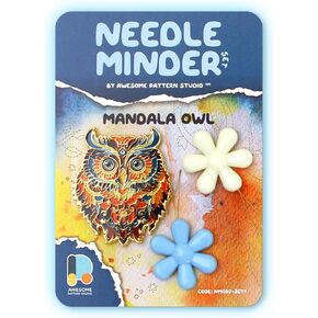 Awesome Pattern Studio Needle Minder Set - Mandala Owl Magnetic Needle Minder + 2 Needle Threaders. Enamel Pin for Cross Stitch, Embroidery and Craft