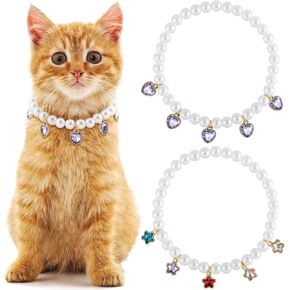 2pcs Cat Pearl Collar with Heart Pendant, Cute Pearl Pet Necklace in Small with Colorful Star Pendants, Adjustable Wedding Party Small Dog Jewelry Accessories for Puppy Kitten- Purple