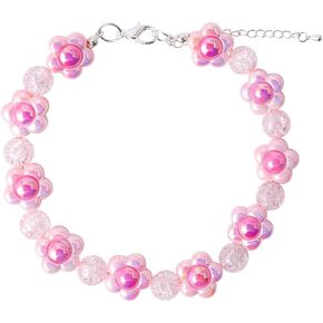 Coloful Beaded Dog Collar Heart-Shaped Flower Bear Cute Pearl Collar Necklace Jewelry for Cat Dogs Puppy (Pink Flower, Medium)