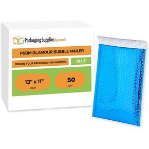 PSBM Blue Bubble Mailers, 13.75 x 11 Inch, 50 Pack, Shiny Metallic, Padded Glamour Shipping Envelope, Self Seal and Peel Strip