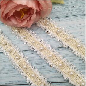 Ivory Pearl Beads Lace Trim 2 Yards Floral Lace Ribbon for Crafts and DIY Decoration Bridal Wedding