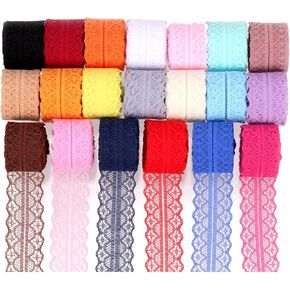 Glarks 20Rolls 100Yards 30mm/1.18in Wide Fabric Lace Ribbon, 20 Color Bilateral Floral Pattern Fabric Lace Ribbon, Elastic Trim for Wedding Decorating, Sewing, Hair Bow Making