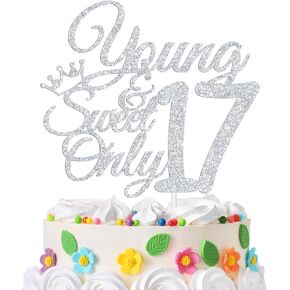 Happy 17th Birthday Cake Topper, Dancing Queen Young and Sweet Only 17, Seventeen, 17th Birthday Party Decorations Supplies Silver Glitter