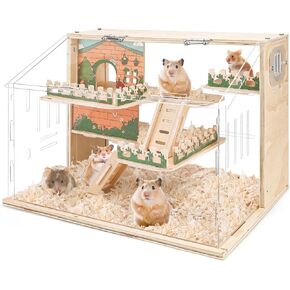 Large Acrylic Hamster Cage, Wooden Dwarf Hamster Habitat, Spacious Dwarf Gerbil Cage, Premium Dwarf Hamster Habitat with Ventilator (Hamster Cage)