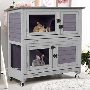 Rabbit Hutch with Trap Door Indoor Rabbit Cage with 4 Casters Bunny cage 2 Story & 2 Trays Guinea Pig Cage 36 inchs Bunny Cage