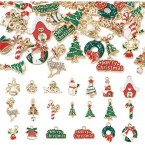 KISSITTY 40pcs Christmas Enamel Charms for Jewelry Making Crystal Rhinestone Reindeer Tree Wreath Bell Snowflake Snowman Dangles Pendants for Xmas Earrings Bracelets Necklaces Gifts