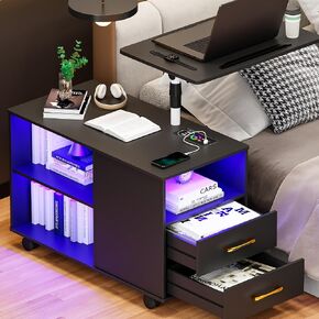 Gurexl 360° LED Nightstand with Wireless Charging Station, Movable Adjustable Bedside Table with Laptop Tray, Auto Sensor Night Stand for Bedroom (Black)