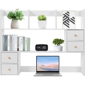 Wood Dorm Desktop Storage Rack, Office Desk Bookshelf Holder, Desktop Bookshelf Storage with 4 Small Storage Cabinets, Desktop Rack for Classrooms, Offices, Dormitories, Study Rooms (White)
