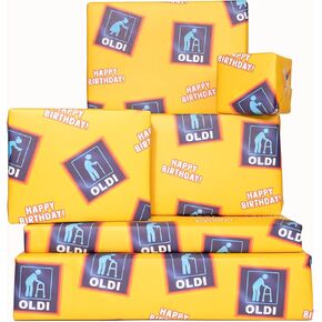 CENTRAL 23 - Funny Wrapping Paper - 6 Sheets of Gift Wrap - 'Happy Birthday Oldi' - Blue Yellow - For Husband Wife - Mom Dad - Recyclable