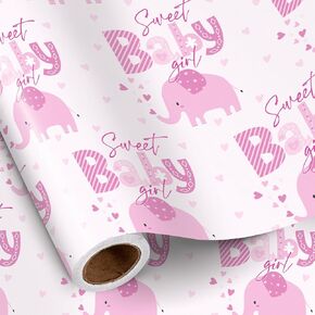 RUSPEPA Baby Shower Girl Wrapping Paper Roll, Mini Roll, Sweet Pink Elephant Gift Wrap Paper for Newborn, Baby Shower, Gender Reveal Party and Birthday, 17 Inches x 16.4 Feet