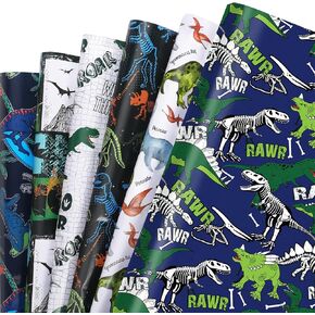 Dinosaur Wrapping Paper for Kids - 12 Sheets Boys Birthday Gift Wrap, 6 Fun Dino Design for Crafts, Holiday & Parties, 19.7" x 27.6"