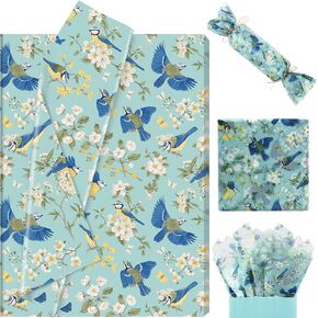100 Sheets Birds and Flowers Tissue Paper, Chinoiserie Tits and Blooming Trees Gift Wrapping Paper for Spring Birthday Wedding Baby Shower Party Supplies, 13.8 x 19.7 Inch