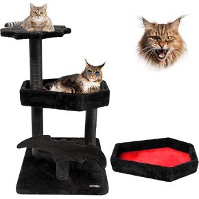 KAMABOKO Gothic Cat Tree with Coffin Bed, 30.3" Black Cat Tower for Indoor Cats with Scratching Posts for Halloween Cat, Black and Red