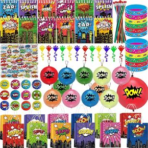 134 Pcs Hero Party Favors Birthday Decorations - Spiral Notebook, Gift Bag, Punch Balloons, Pencils, Sticky Hands, Bracelets, Stickers, Button Pin Badges for Gift Bag Fillers, Parties, Carnival Prizes