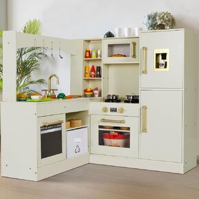 MAMIZO Corner Play Kitchen for Kids, Wooden Pretend Toy Kitchen, Large Toodler Cooking Playset w/Refrigerator, Stove w/Light & Sound, Disinfection Locker, Water Dispenser, Sink, Home Modern Ages 3+