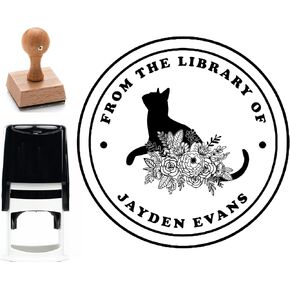 Personalized Wooden Handle Book Stamp - from The Library of | Personalized Stamp | Personalized Stamps with Name | Library Stamp | Custom Stamp | Floral Cats Design (1 5/8" x 1 5/8")