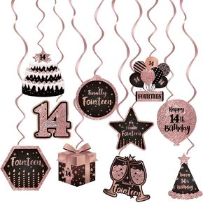 Happy 14th Birthday Hanging Swirls Streams Ceiling Decorations,Sixteen,Celebration Old Rose Gold Birthday Party Decorations Supplies 14 Foil Hanging Swirls with Cutouts for 14 Years