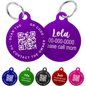 Custom QR Code Smart Pet Tag ID, Round Aluminum Lightweight Engraved and Scannable Lost and Found ID Tag for Collars and Harnesses for Puppies and Cats