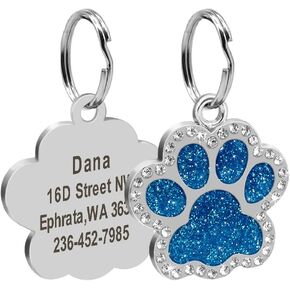 Didog Glitter Rhinestone Paw Print Custom Pet ID Tags,Crystal Stainless Steel Personalized Engrave ID Tags Fit Small Medium Large Dogs and Cats,Blue