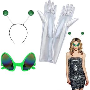 3 Pcs Alien Costume Accessories Set: Martian Antenna Headband, Sliver Glasses, Alien Gloves for Women's Halloween Party