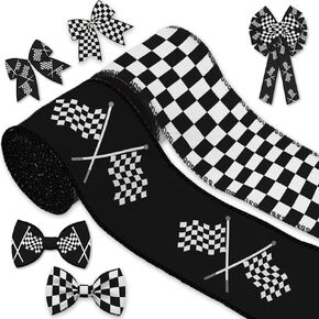 YKW 2 Rolls Racing Checkered Flag Ribbon - 2.55 Inch x 5 Yards Each, Black White Wired Edge Ribbon for Race Car Party Decoration, Motorsport Gifts Wrapping, Racing Wreath (Racing-Golden Pole)